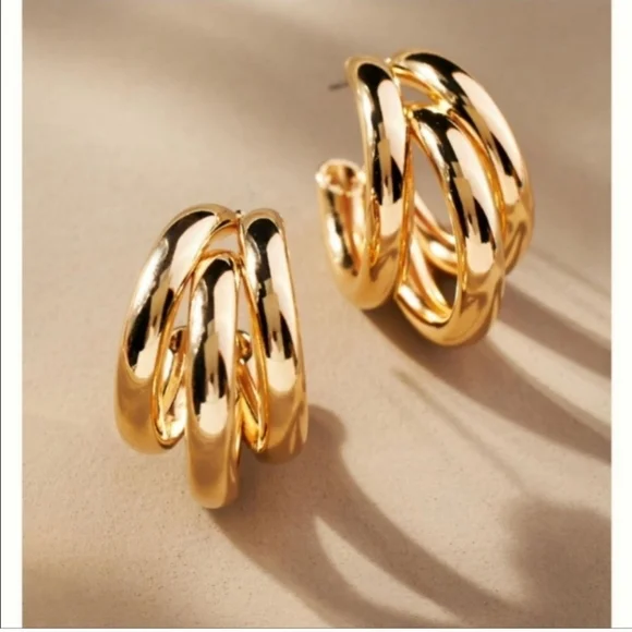 ANTHROPOLOGIE ALEX 14K GOLD TRIPLE RING EARRINGS - Picture 2 of 6